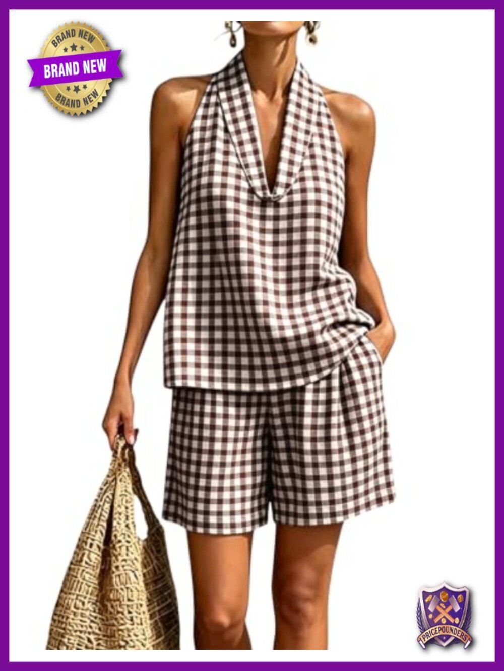 100% Cotton Gingham Plaid Halter Tank Top & Shorts Set Sleeveless Summer Beach